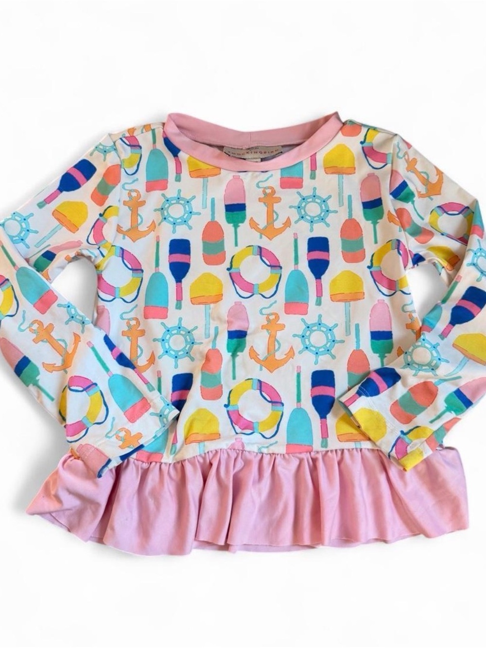 Girls' Pink Nautical Print Ruffle Rashguard Swim Top